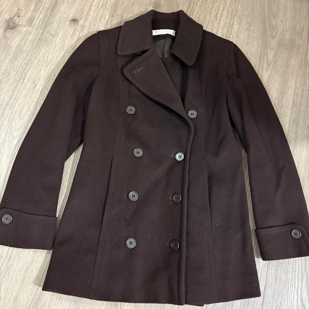 Vtg Perry Ellis Portfolio Pea Coat Brown 100% Merino Wool Size 4P Made USA - Picture 12 of 12